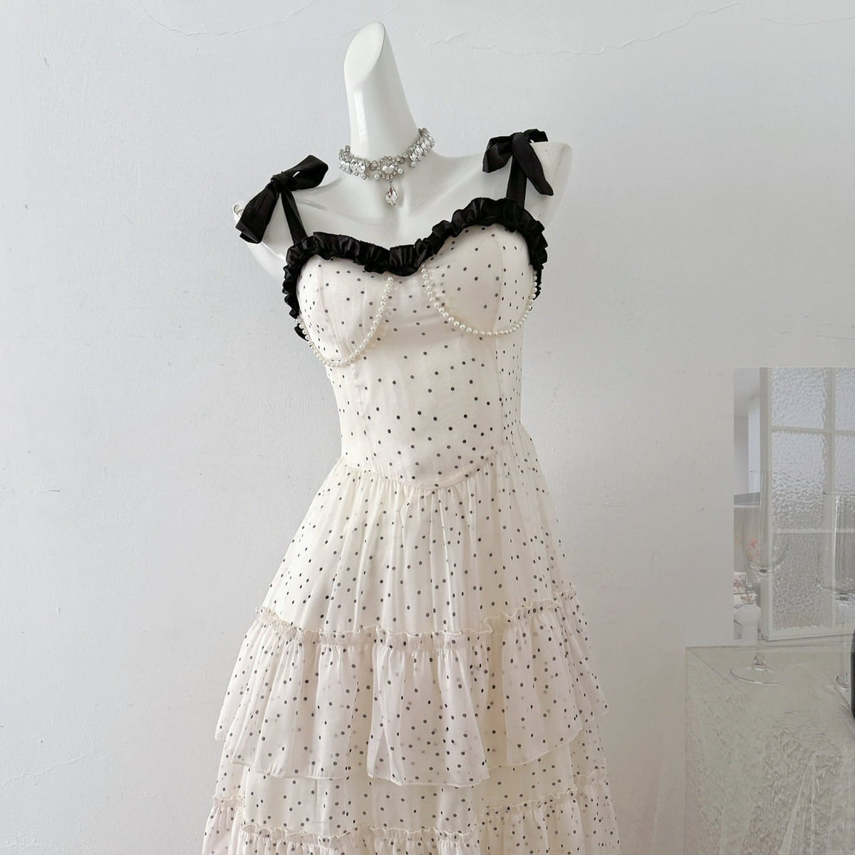 【dress】ショルダーリボンドット柄ワンピース　M32122
