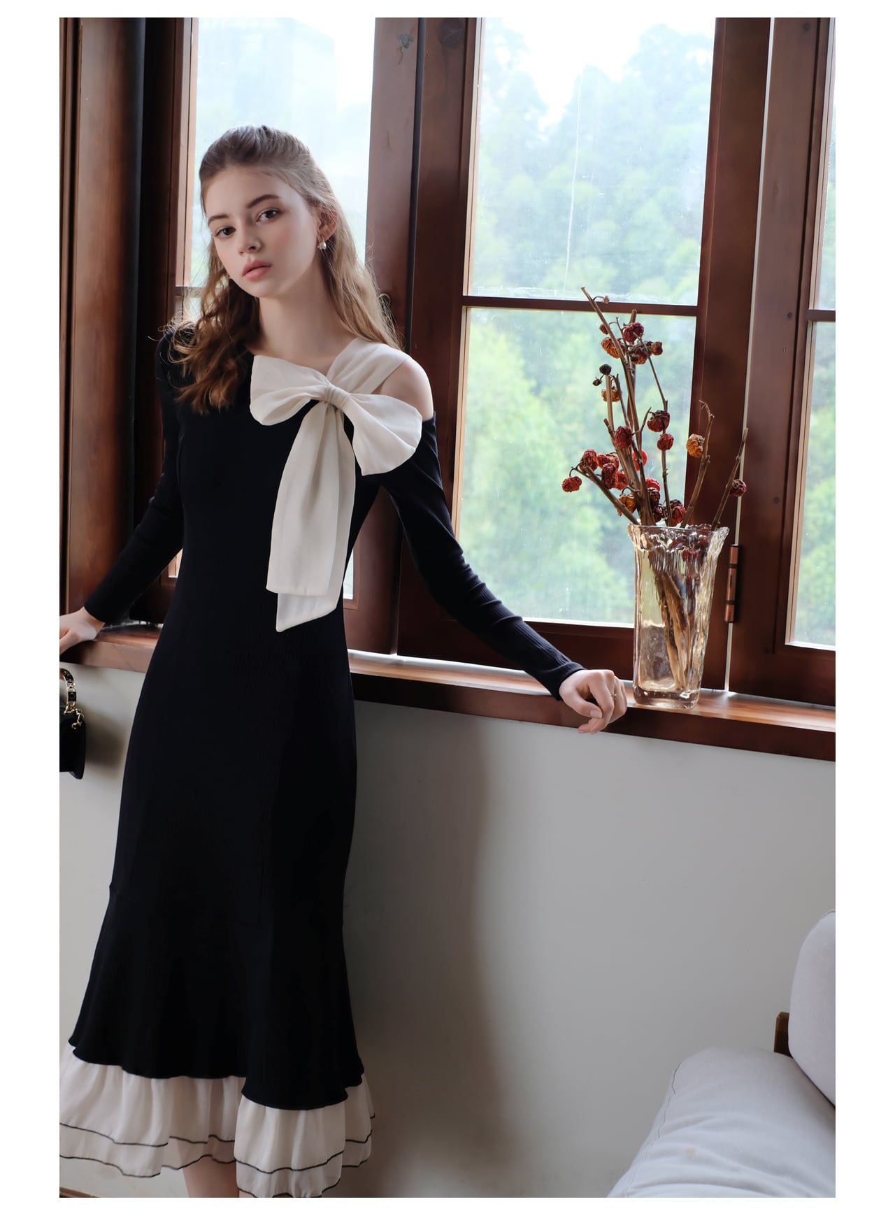 【dress】リボンメッシュ切替ワンピースF8303