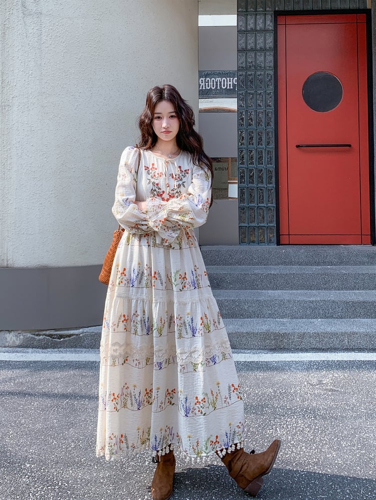 【dress】フリンジ付き花柄ロングワンピース Q8225
