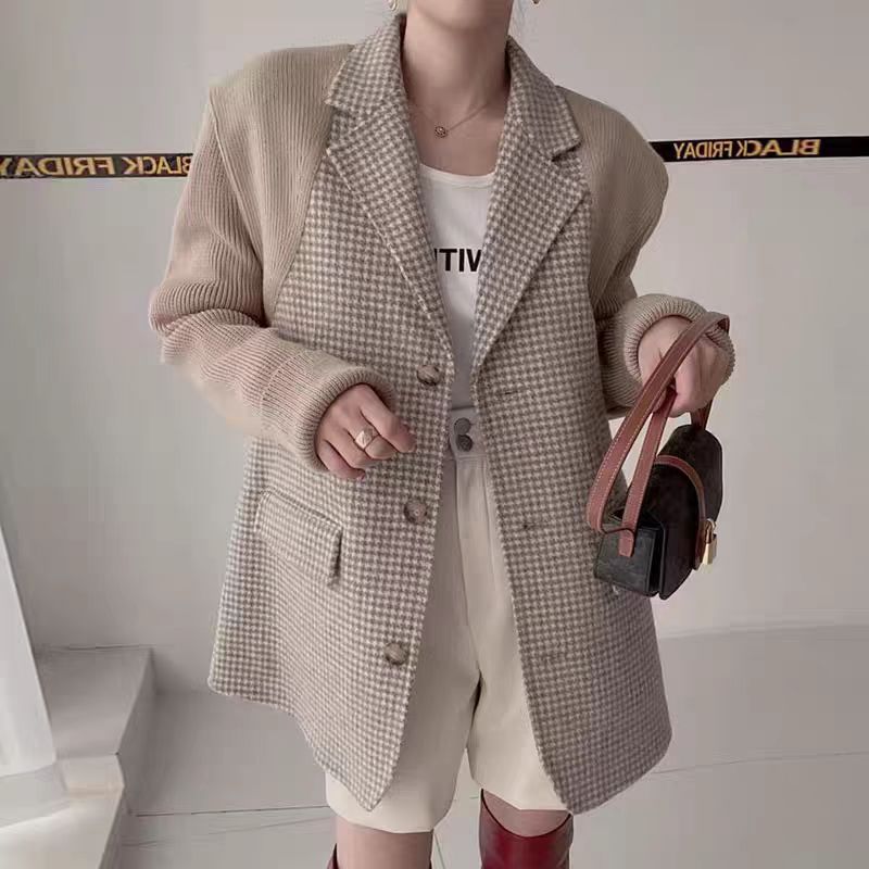 【outer】ニット切り替え長袖秋冬ラシャ生地コートG23993