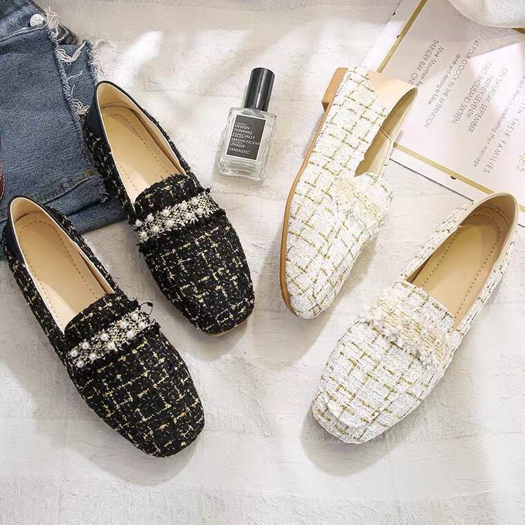 【shoes】今季大好評秋新作2色履きやすい美脚魅せチェック柄ビーズ飾りフラットシューズF0978