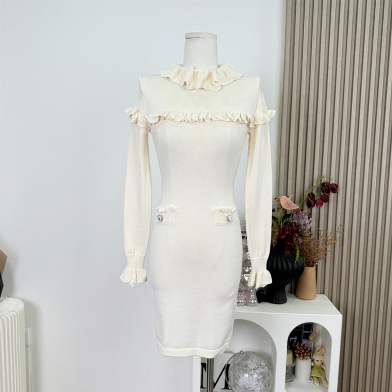 【dress】ギャザーフリルニットワンピース Q7676