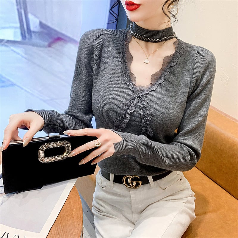 【tops】ビジューレース切り替えニットトップス　M27732