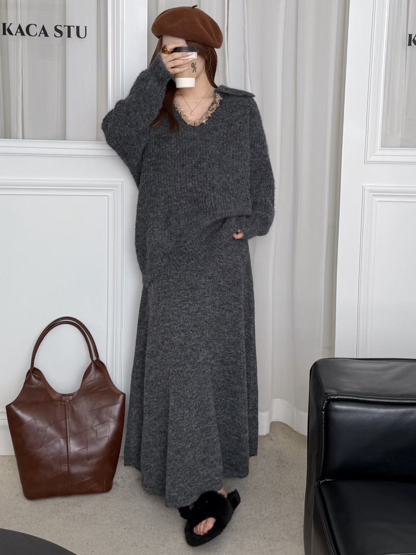 【set】Vネックニットトップス×ロングスカートセット Q7278