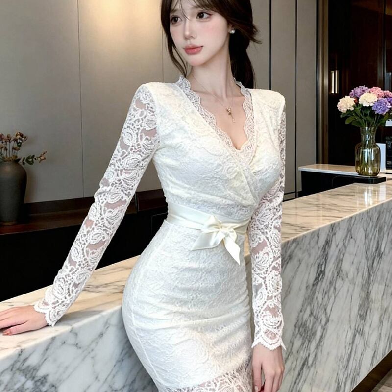 【dress】Vネックレースタイトワンピース Q7460