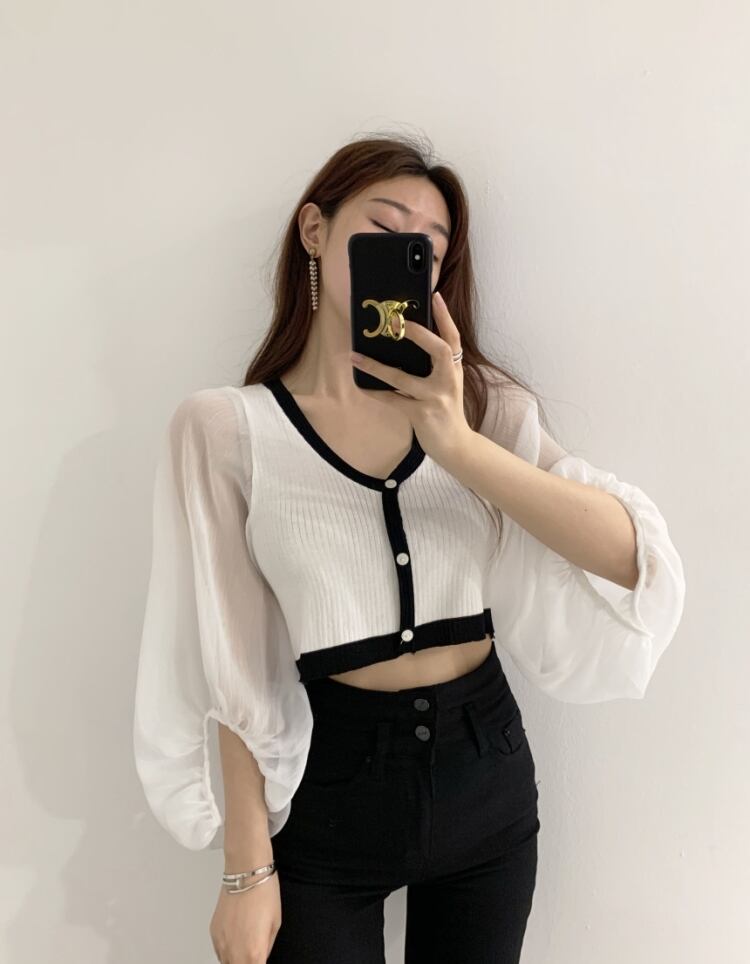 【tops】Vネック ランタンスリーブ切り替えトップスニット G15684