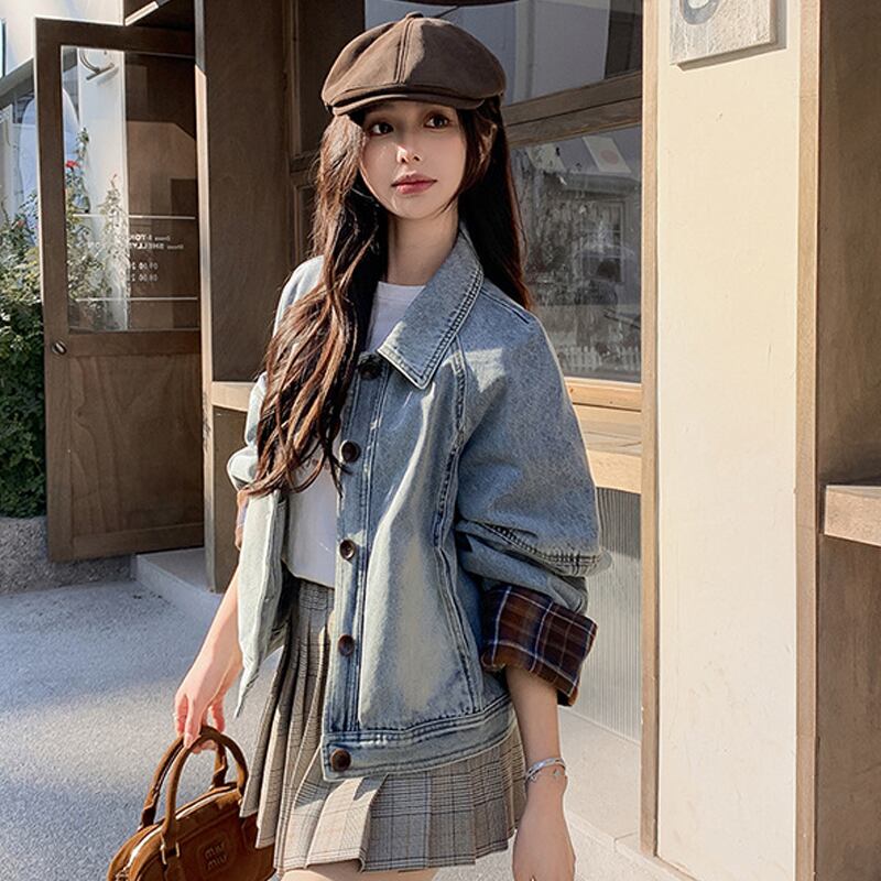 【outer】チェック柄ドッキングデニムジャケット Q8231