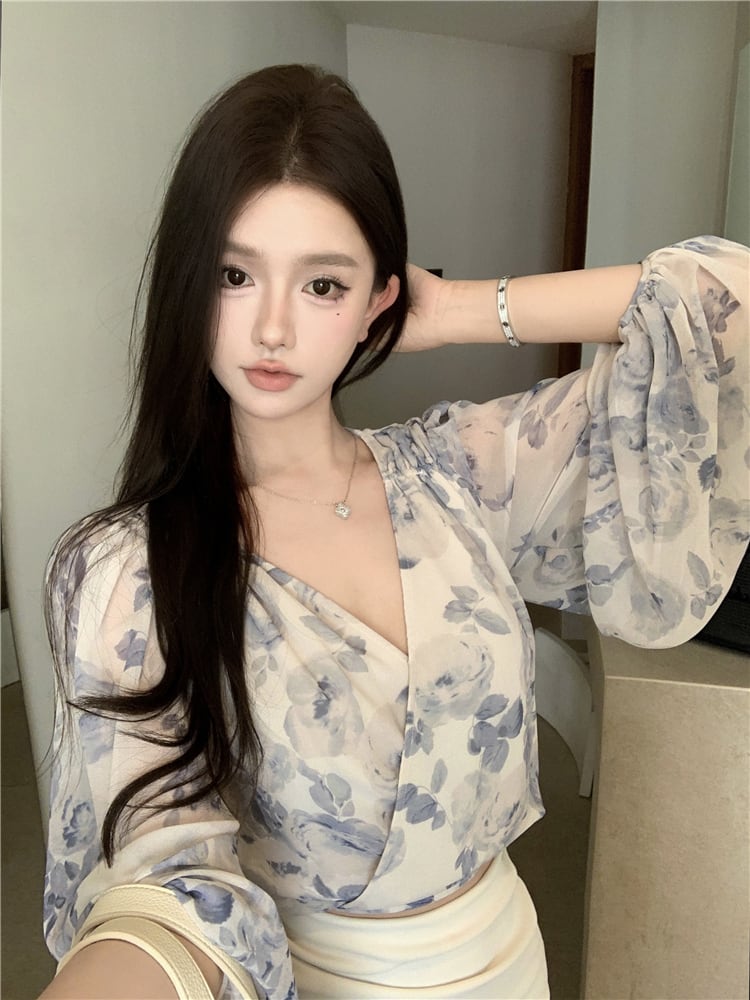 【set】花柄シャツトップス×スカートセット　M24694