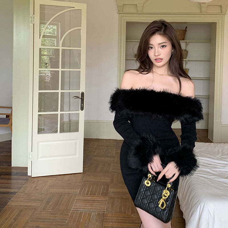 【dress】ファー付きオフショルダーワンピース Q6918
