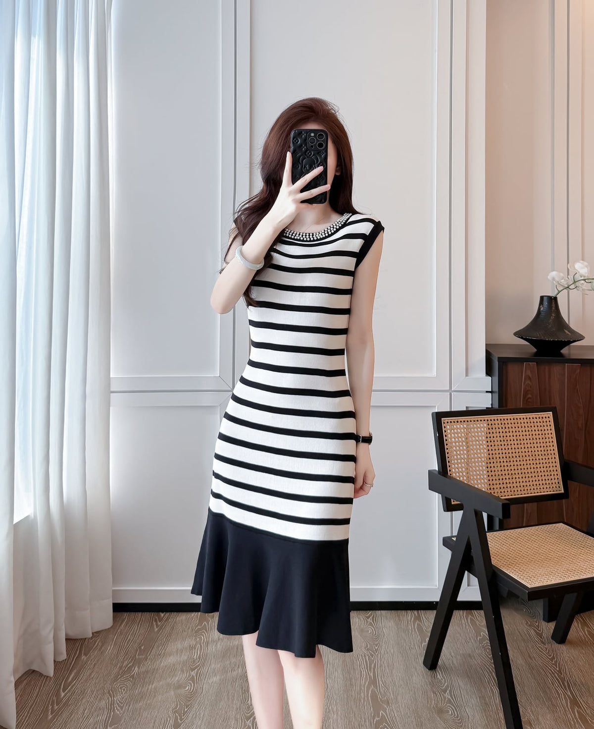 【dress】ノースリーブボーダー柄ニットワンピース Q8491