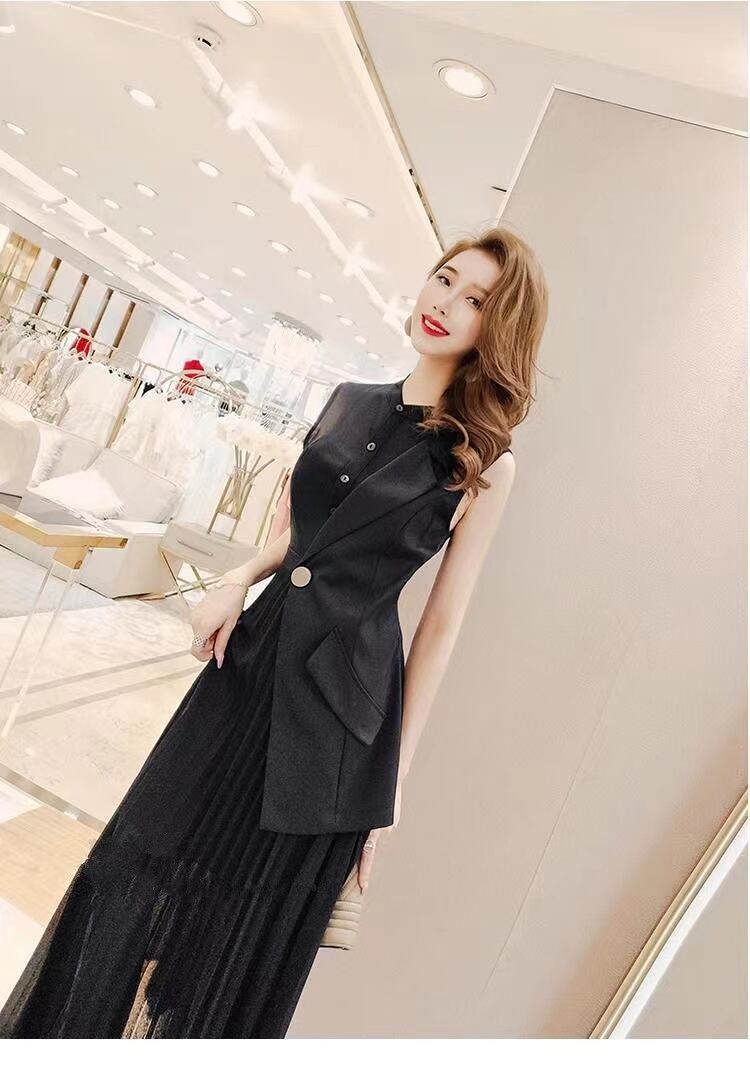 【dress】知的で品の良いノースリーブ無地切り替えウェスト絞りプリーツイレギュラーワンピースF2692