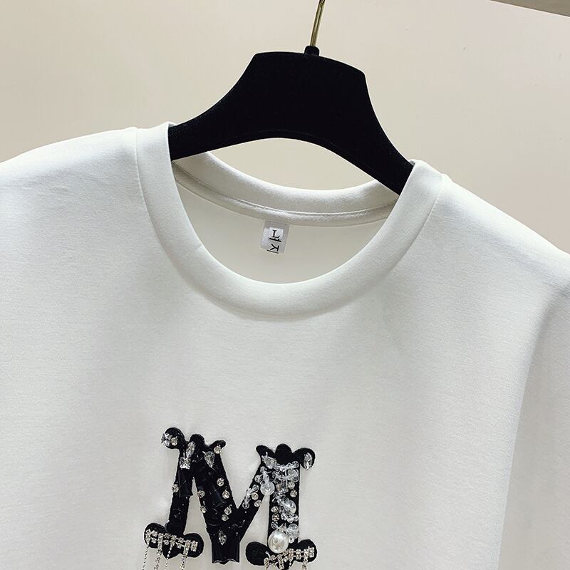 【tops】半袖英字柄フリンジＴシャツF7457