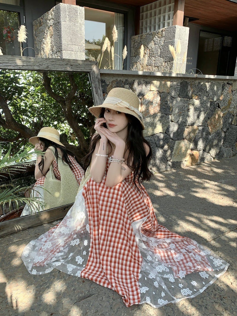 【dress】レースドッキングチェック柄ワンピース　M29795