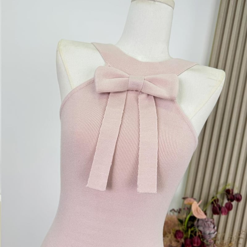 【dress】リボン付きホルターネックニットワンピース Q7374