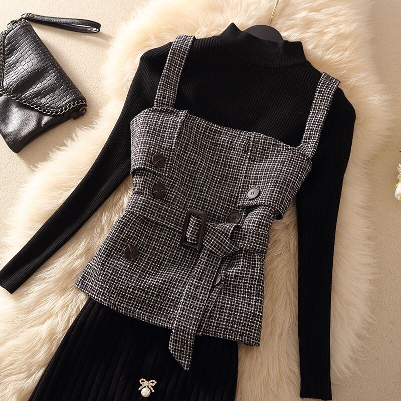 【set】秋冬新作!気質満点レトロニットトップス+ベスト+スカートオシャレ3点セット G2879