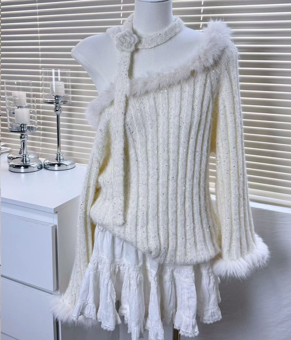 【tops】ファー付きニットトップス Q6954