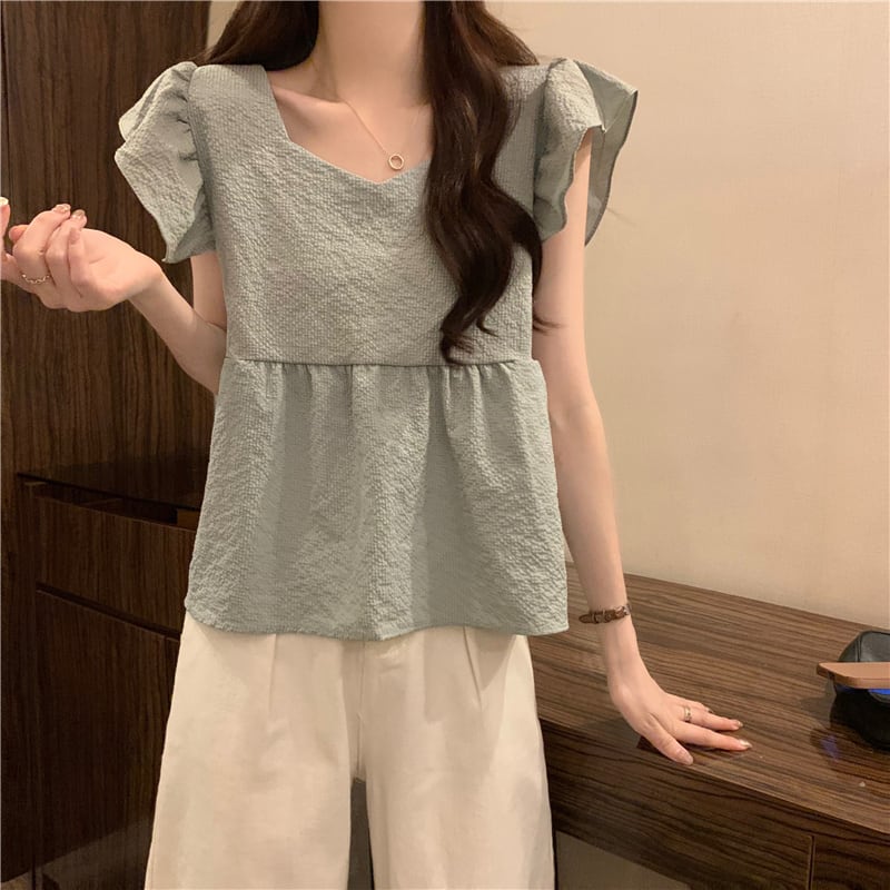 【tops】5色フレンチスリーブフリルブラウスF7483