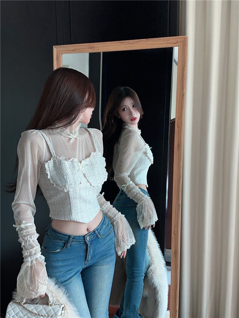 【tops】レース偽二つ切り替えブラウスG20399