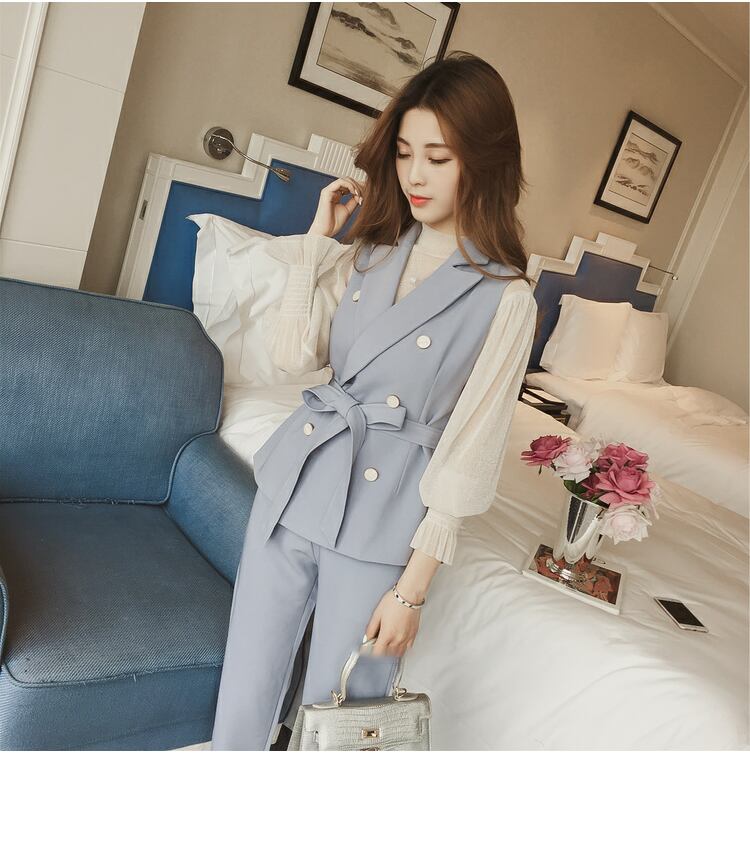 【set】美人度アップ!韓国系スウィート洋気ベスト+シャツ+パンツセットアップ G2087