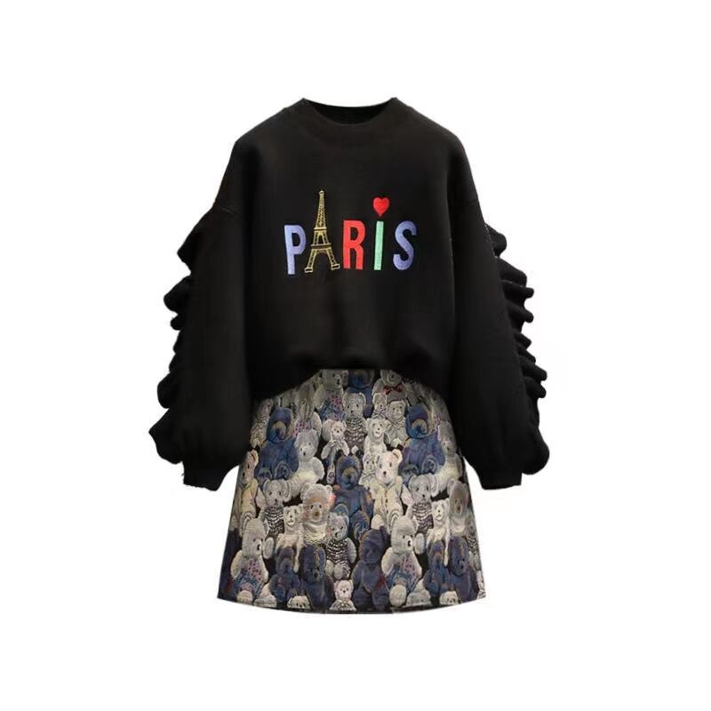 【set】話題沸騰中2点セットラウンドネック長袖パーカー+動物柄配色Aラインスカート通勤日常おしゃれセットアップF1310