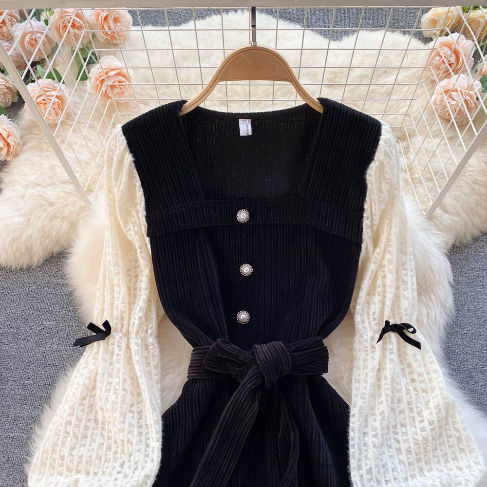 【dress】ファッションレトロスウィートデザインレース切り替えパフスリーブワンピース G3200