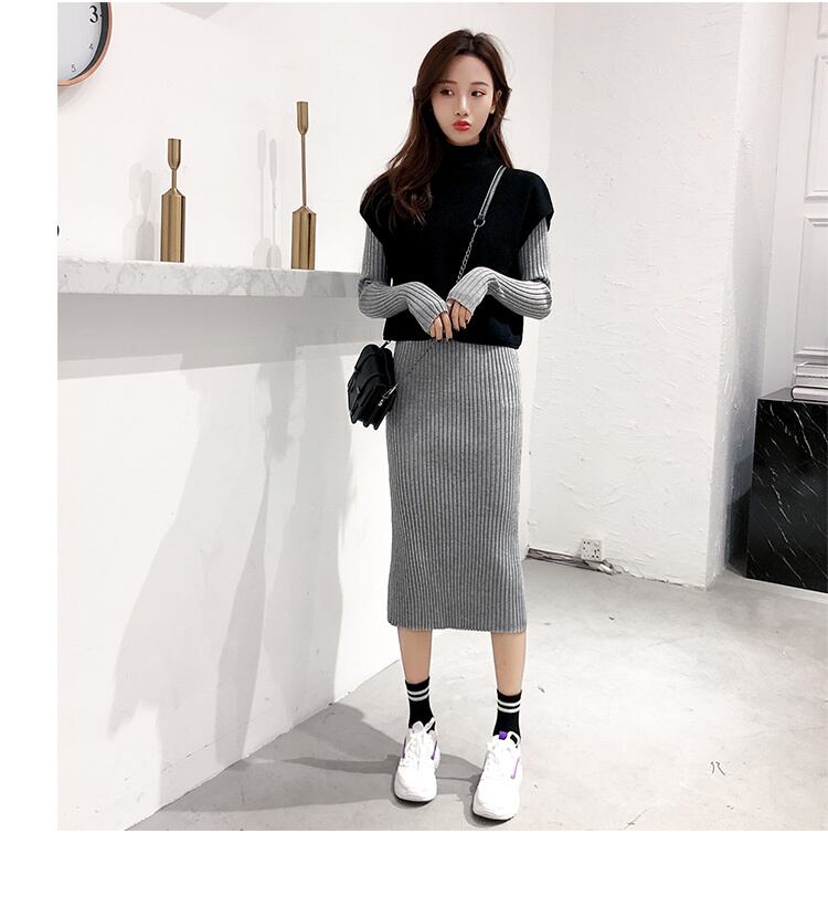 【set】秋冬新作好感度UP!気質満点ファッションベスト+ニットワンピース２点セット G3606