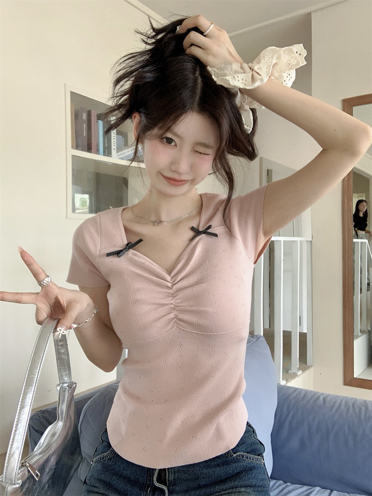 【tops】リボン付きTシャツ　M24481