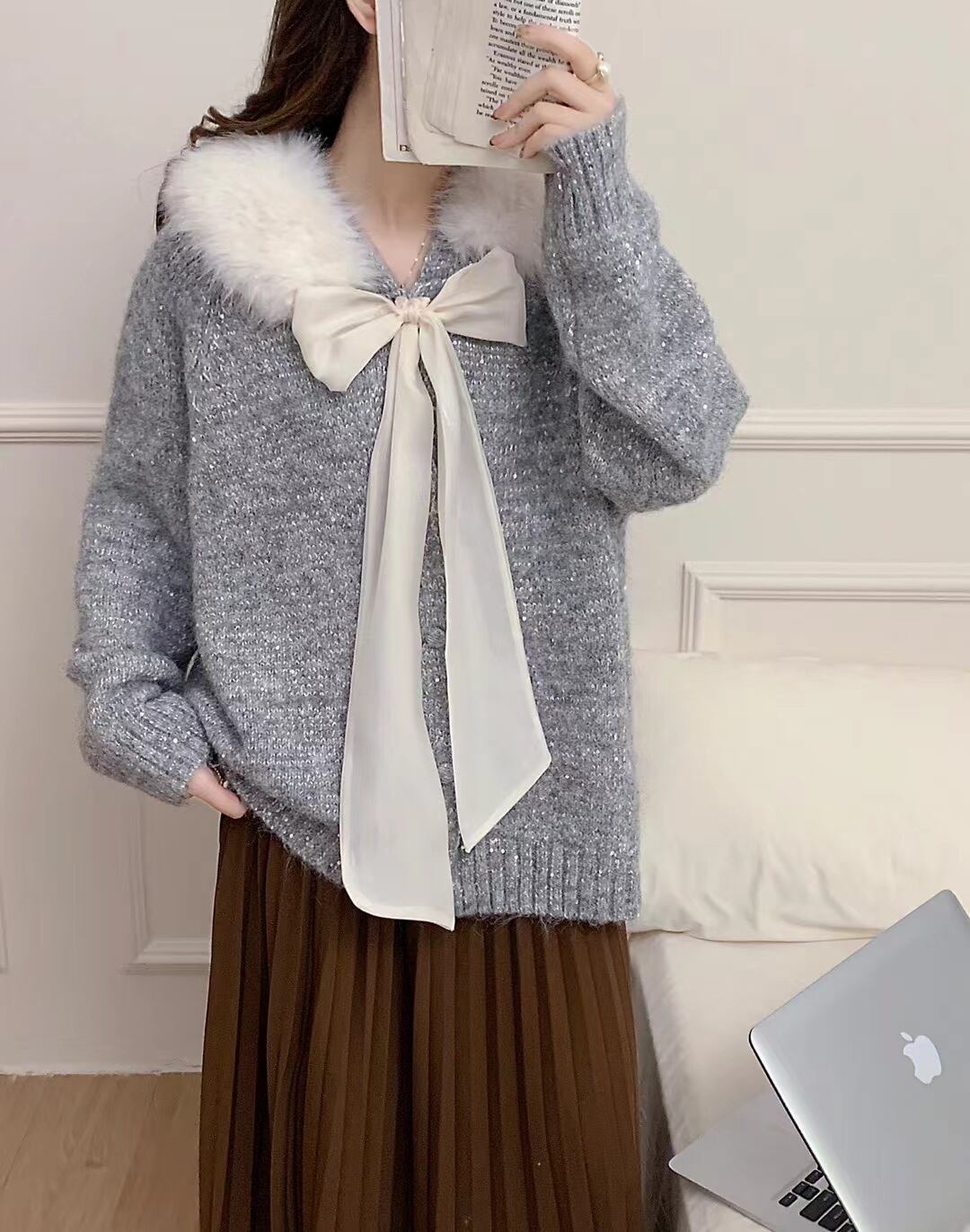 【tops】ビッグリボンフードファーラメニットトップス　N2903