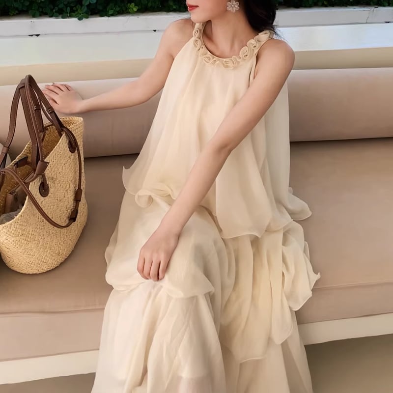 【dress】ノースリーブチュールティアードワンピース Q8408
