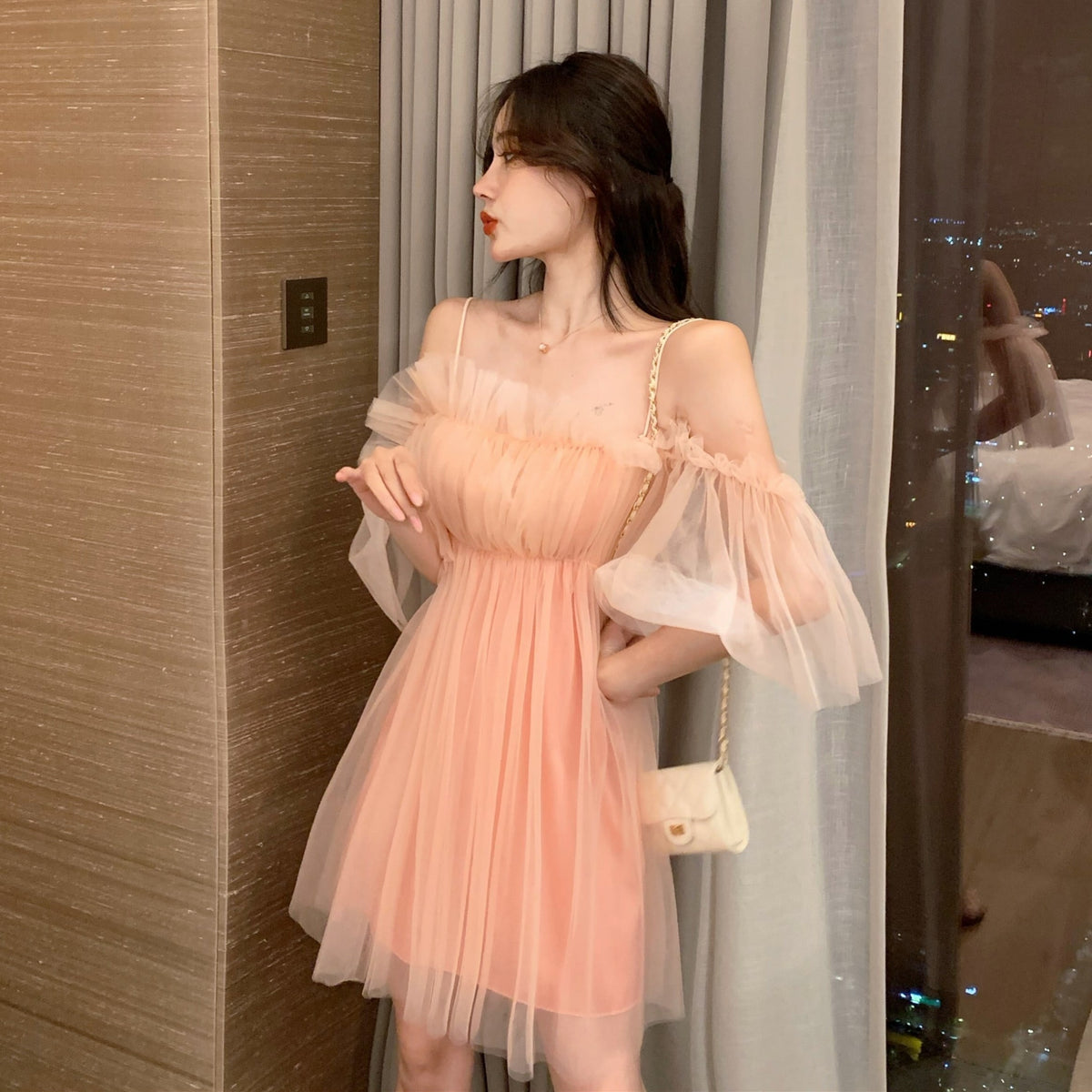 【dress】ギャザーオフショルチュールワンピース　N2666