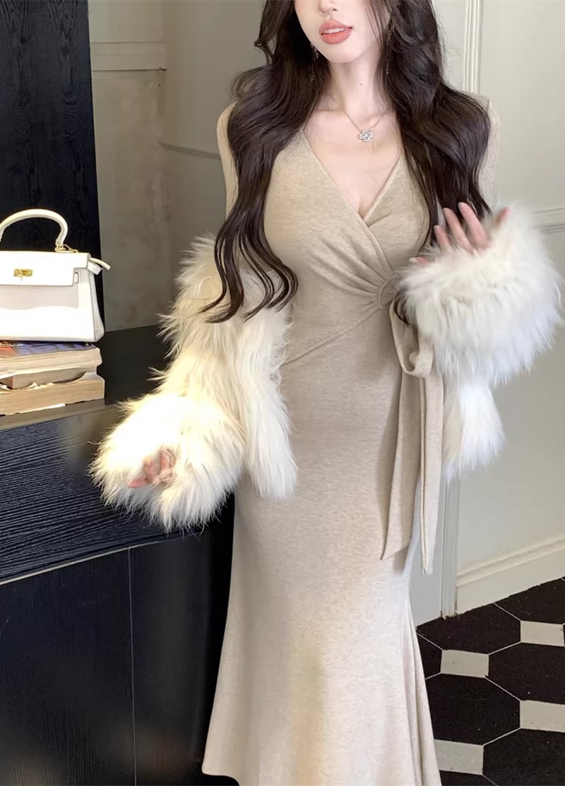 【dress】クロスネックロングニットワンピース Q8113
