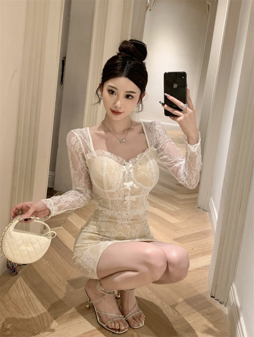 【dress】リボン付きレース切り替えワンピース　M26395