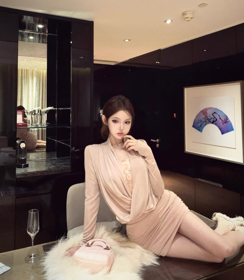 【dress】レースドッキングドレープドネックタイトワンピース Q7546