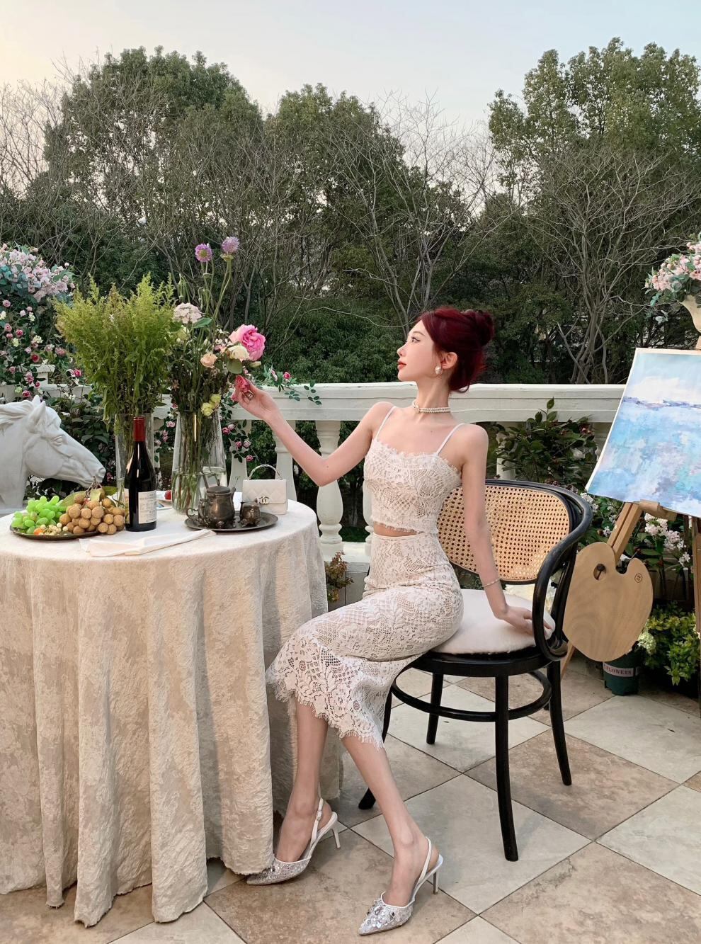 【set】不規則レーストップス+スカート２点セットG21119