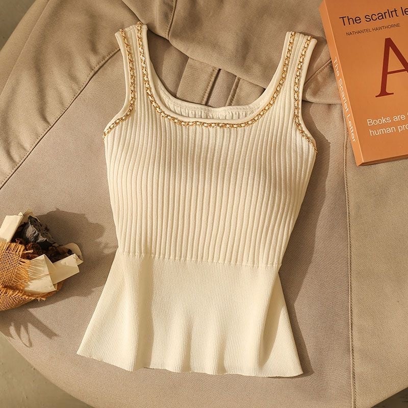 【tops】UネックノースリーブニットタンクトップF7314