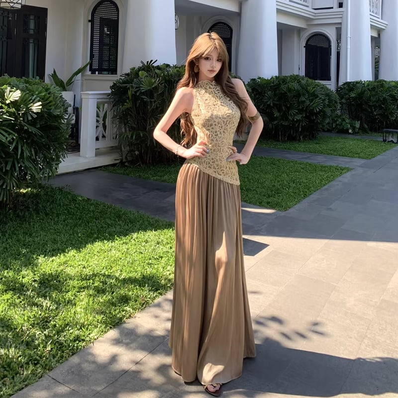 【dress】サテンドッキングノースリーブロングワンピース Q8045