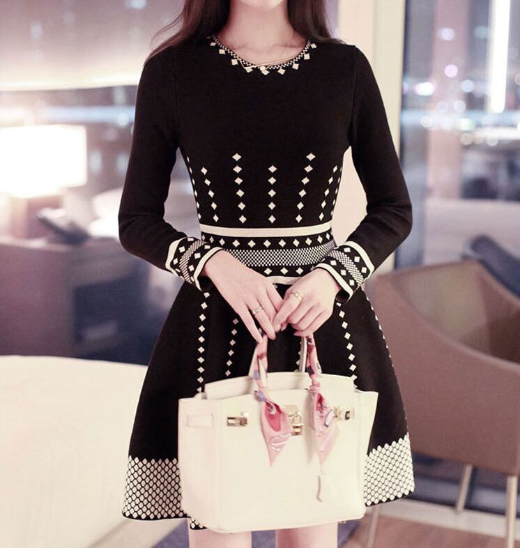 【dress】好感度UP!気質満点レトロスウィート長袖着痩せニットワンピース G1455