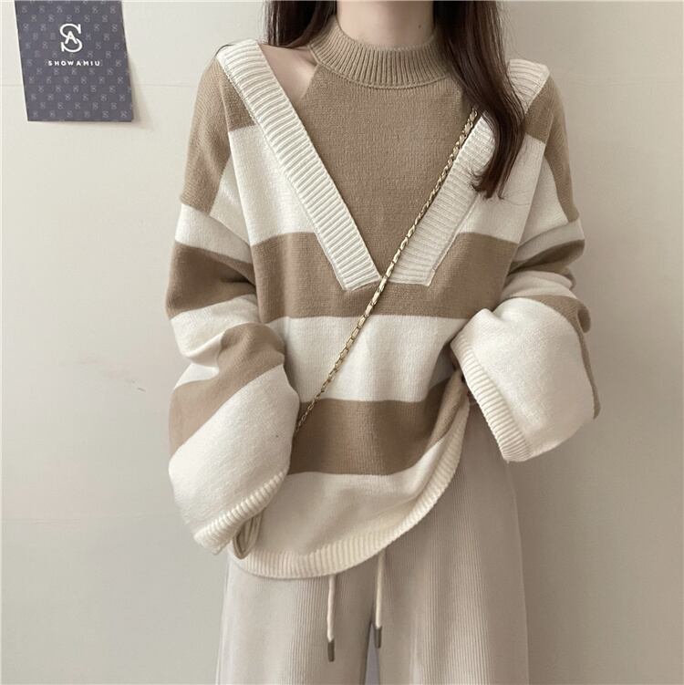 【tops】オフショルダーストライプ柄ニットG17450