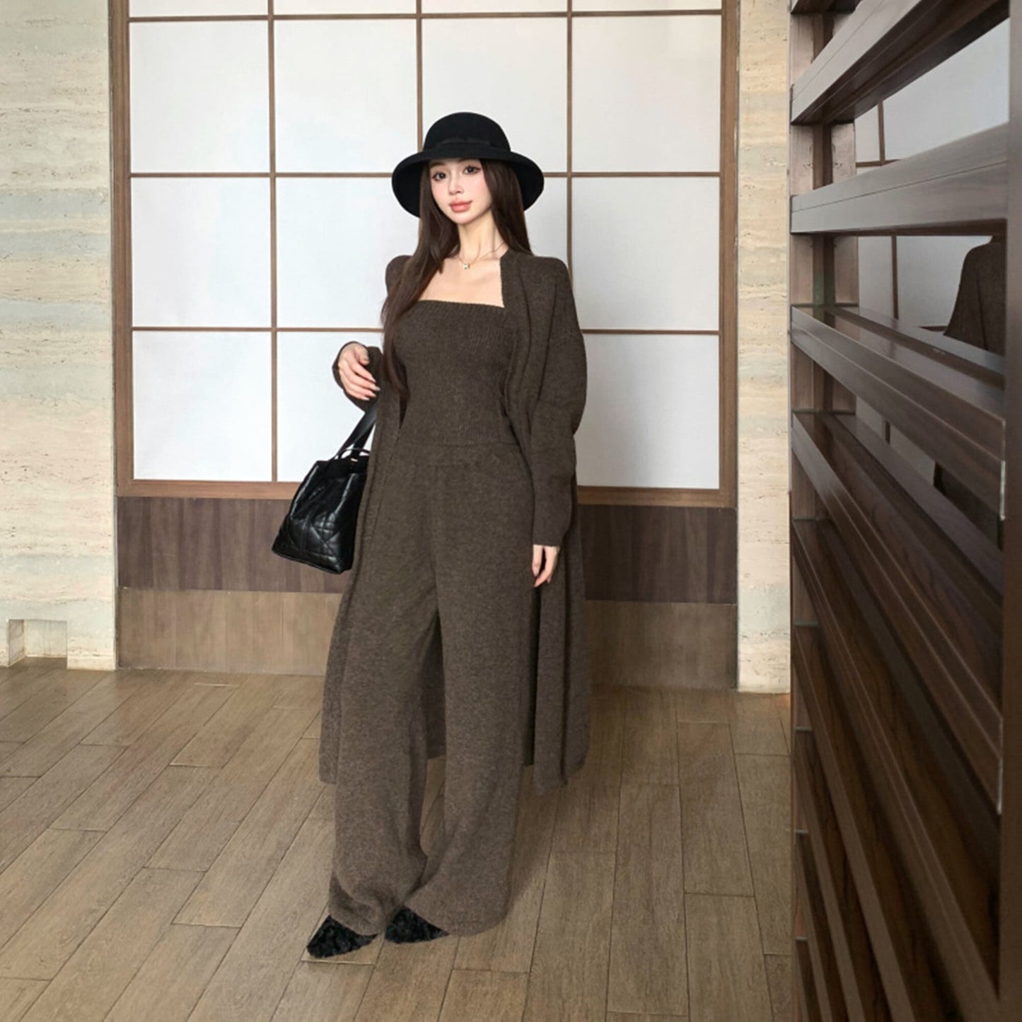 【set】ロング丈カーディガン×ベアトップ×ワイドパンツ3点セット　N3329