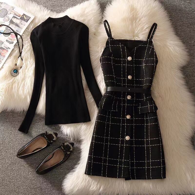 【set】一目惚れ！2点セット無地セーター+Vネックウェスト絞りチェック柄キャミワンピース通勤日常セットアップF1405