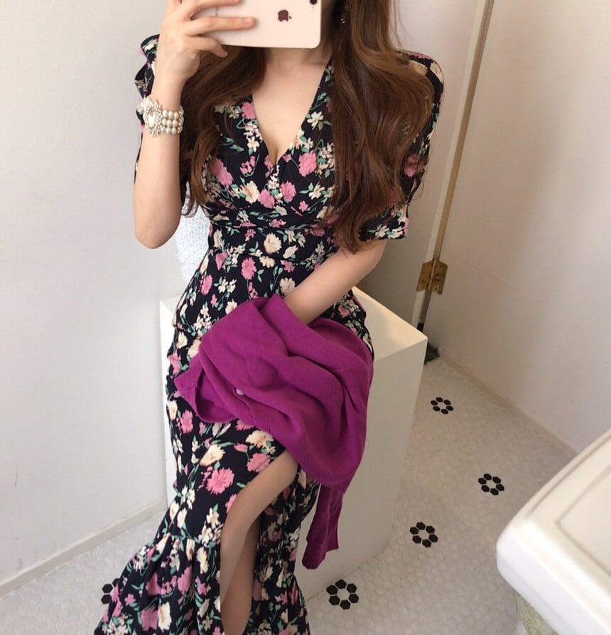 【dress】花柄スリットワンピース　M24720