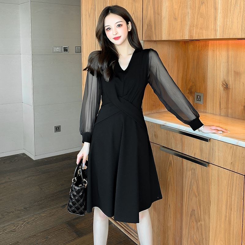 【dress】フランス風 気質満点レトロシフォン切り替えスリットワンピース G1675