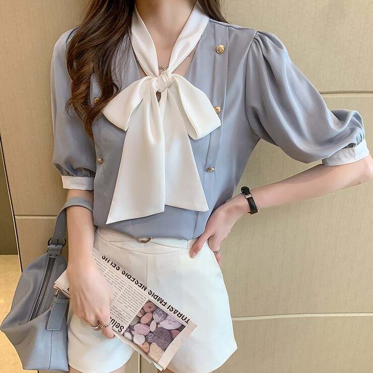 【tops】韓国ファッションタイカラー半袖配色着回しシンプルゆったりブラウスF0131