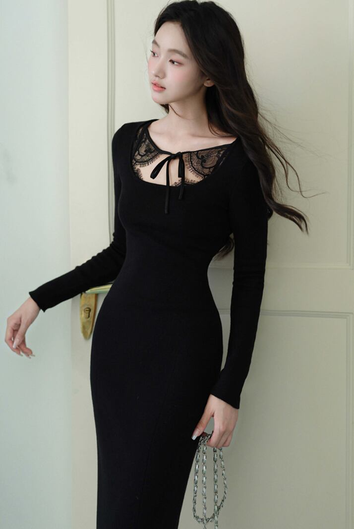 【dress】スクエアネックニットワンピース Q7047