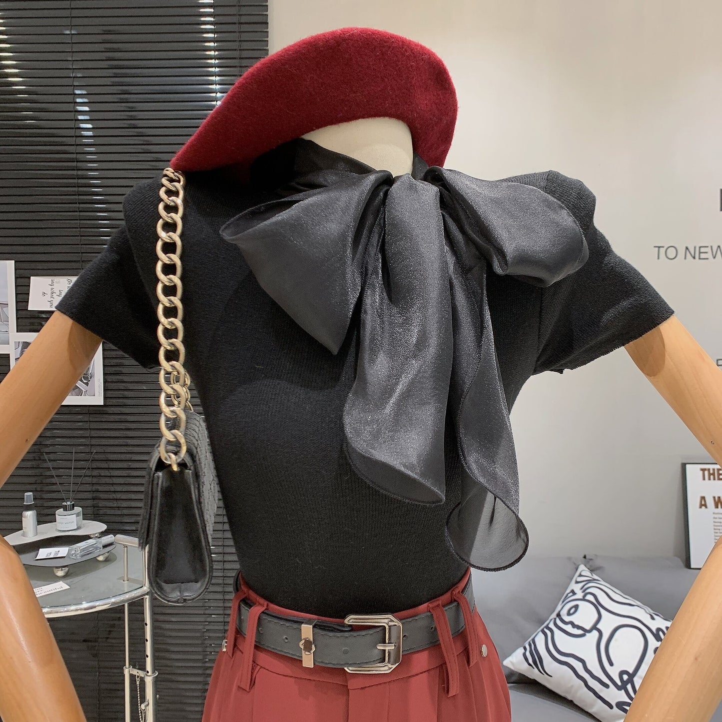 【tops】リボン付きニットTシャツ　M29886