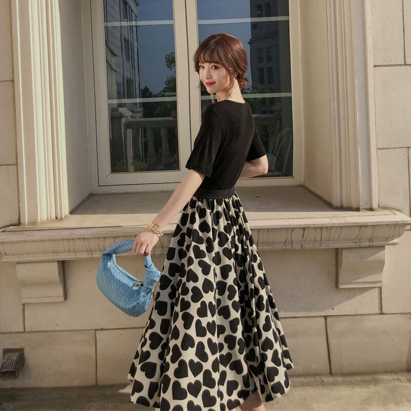 【bottoms】ハート柄Aライン花柄レディースファッションOL通勤ミッドウエストスカート