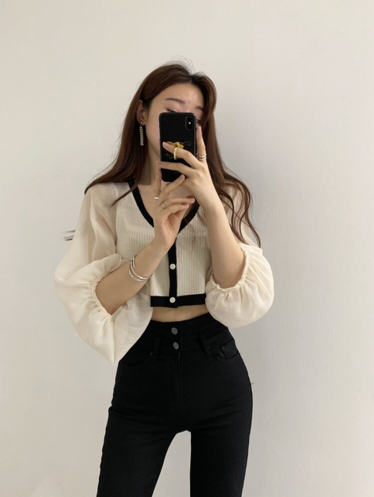 【tops】Vネック ランタンスリーブ切り替えトップスニット G15684