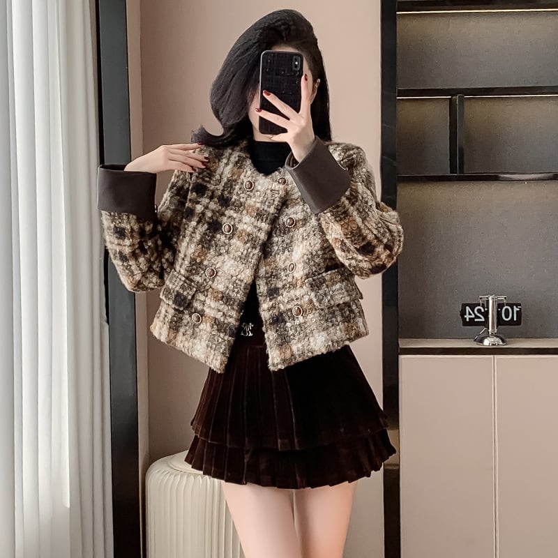 【set】チェック柄ショートコート×スカートセット　M27688