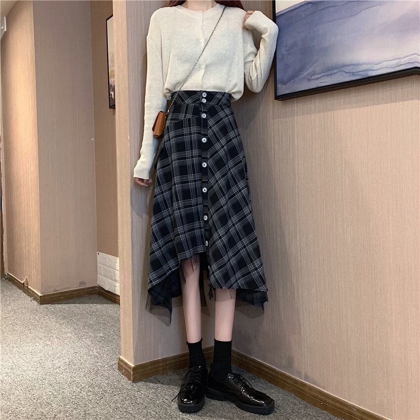 【bottoms】スウィート気質満点デザイン不規則チェック柄ハイウエストスカート