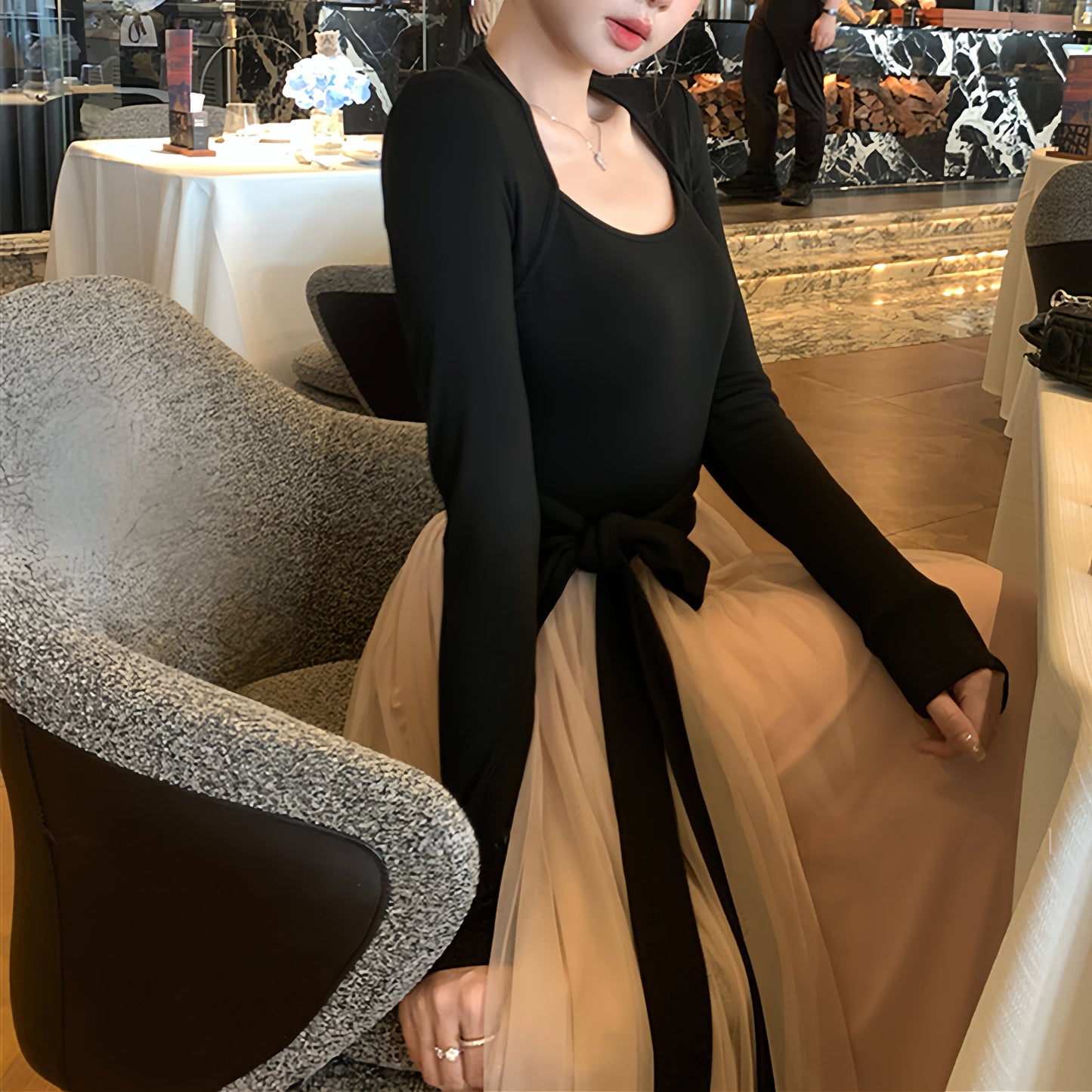 【dress】チュールドッキングロングワンピース　N3439